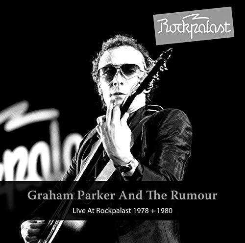 Black and white photo of Graham Parker with guitar, album cover.