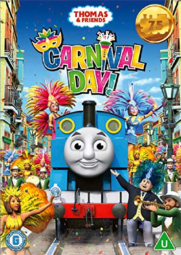 Thomas the Tank Engine at a colorful carnival parade scene.