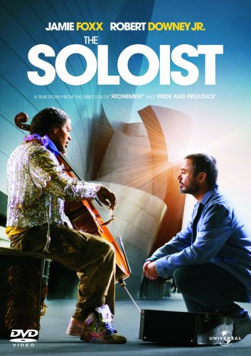 The Soloist" DVD cover featuring Jamie Foxx playing cello with Robert Downey Jr.