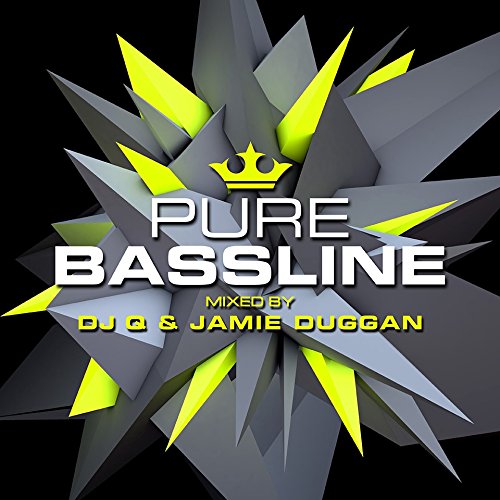 "CD cover art with 'Pure Bassline' text, crown, and abstract grey and yellow shapes."