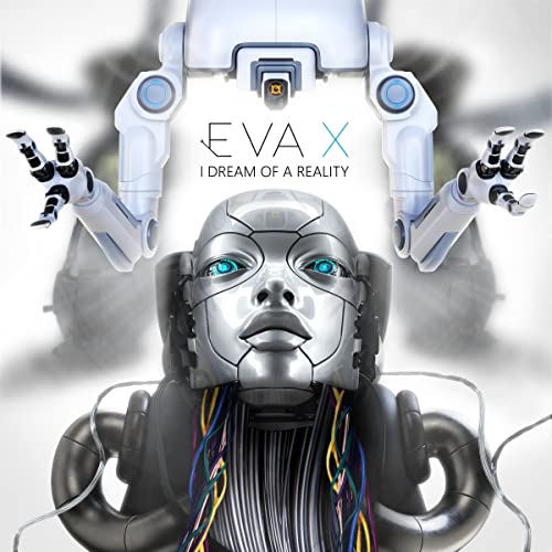 Silver robotic woman with glowing blue eyes and mechanical arms.