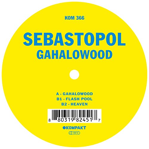 Yellow vinyl record label with blue text and barcode on a white background.