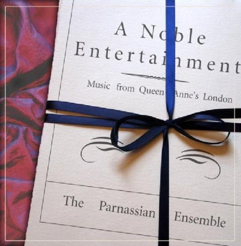 "A Noble Entertainment" CD booklet tied with a black ribbon on a red fabric.