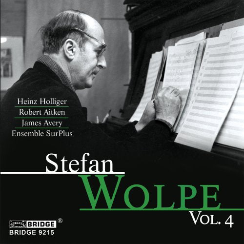 Black and white photo of man at piano with sheet music, text overlay.