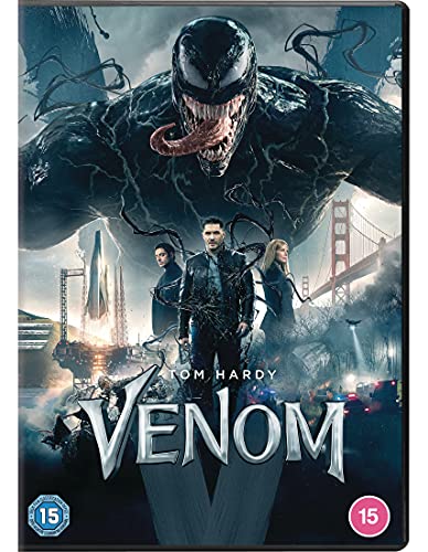 “Venom” DVD cover featuring the symbiote and Tom Hardy, with city backdrop.