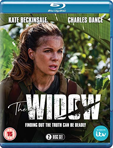 Blu-ray cover of "The Widow" featuring Kate Beckinsale in a jungle with a leaf.