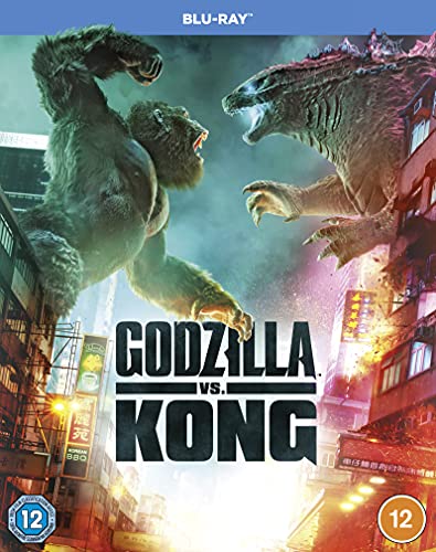 "Blu-ray cover featuring Godzilla and Kong fighting amidst a cityscape with bold title text."