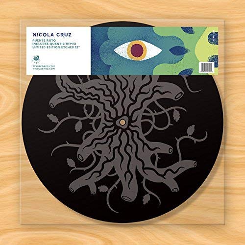 Black vinyl record with intricate floral design and colorful sleeve.