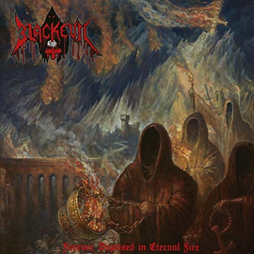 "Album cover art: hooded figures in a fiery, apocalyptic scene with red gothic text."