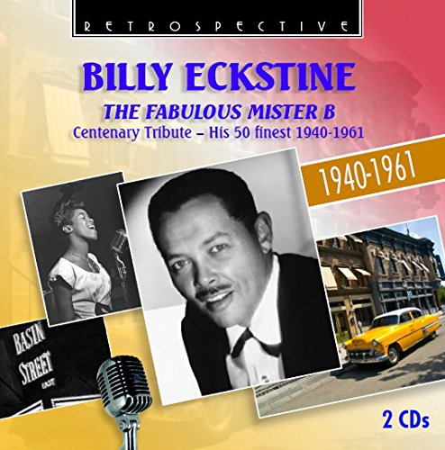 "Billy Eckstine CD cover with black-and-white photos, microphone, and yellow car on gradient background."
