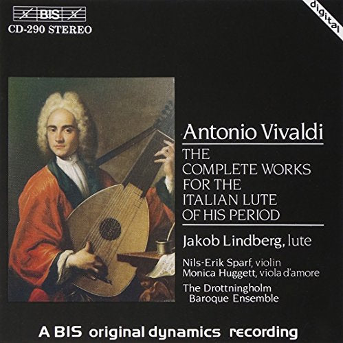 "CD cover with a man playing a lute, black background, white text."