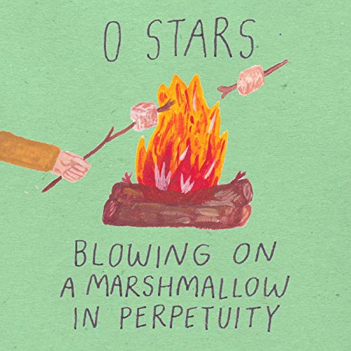 "Album cover with a drawing of a campfire and two toasting marshmallows on a green background."