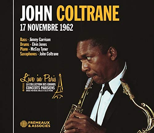 John Coltrane playing saxophone on the album cover “Live In Paris.”