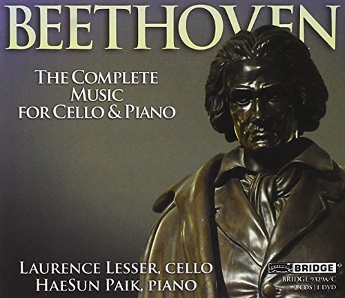 A CD cover featuring a bronze Beethoven bust with text about his cello and piano music.