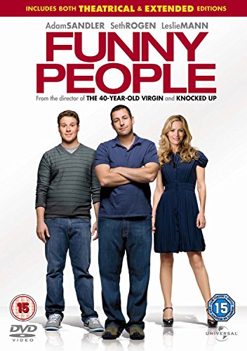 DVD cover of "Funny People" featuring Adam Sandler, Seth Rogen, and Leslie Mann.