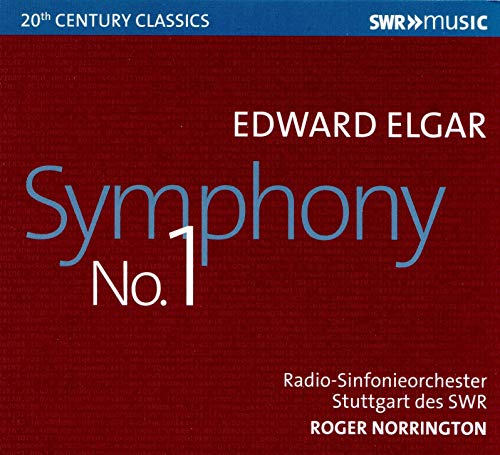 CD cover for Elgar’s Symphony No. 1, red background with blue text.