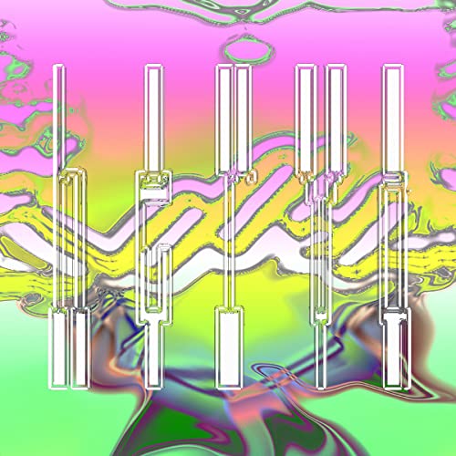 Abstract colorful artwork featuring vertical white lines on a wavy background.