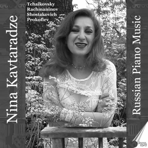Black and white CD cover featuring pianist Nina Kavtaradze smiling.