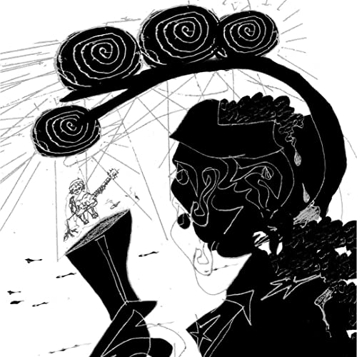 Black and white illustration of a figure with swirling shapes and a musician.