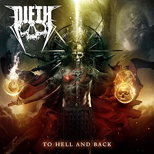 Dieth album cover: skeletal figure with fiery orbs, dark fantasy art.