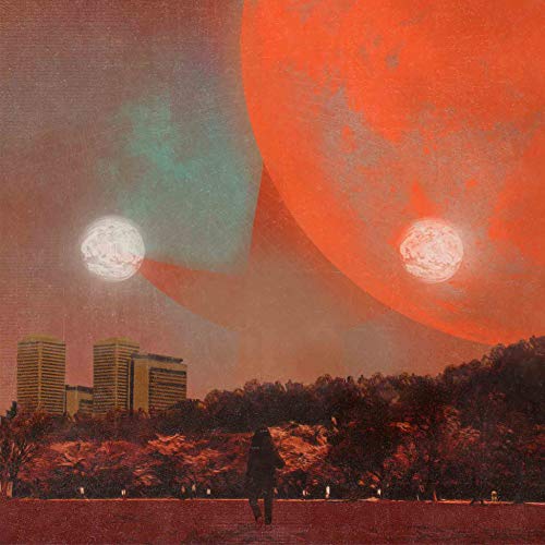 CD cover: Person walking towards buildings under two large, bright orbs.