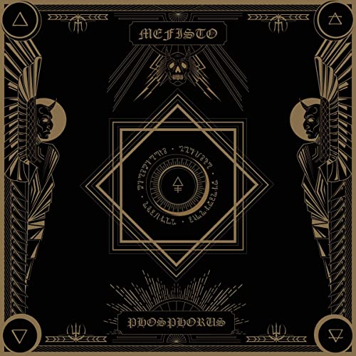 Black album cover with gold geometric designs, skull, and demonic figures.