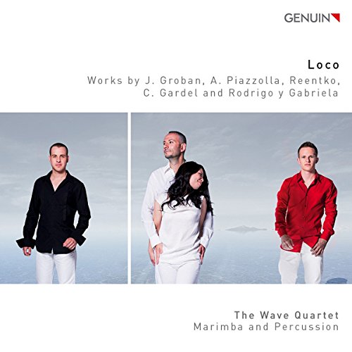 CD cover with three musicians in contrasting shirts, titled "Loco" by The Wave Quartet.