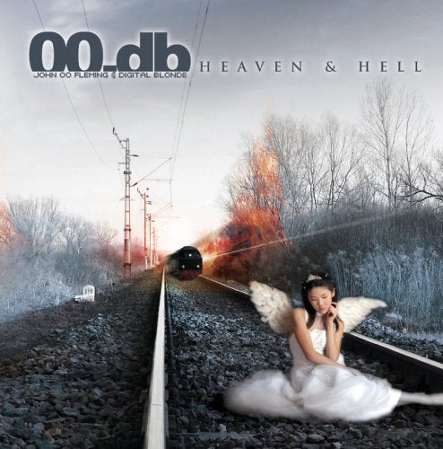"Album cover with a woman in white dress and angel wings on train tracks."