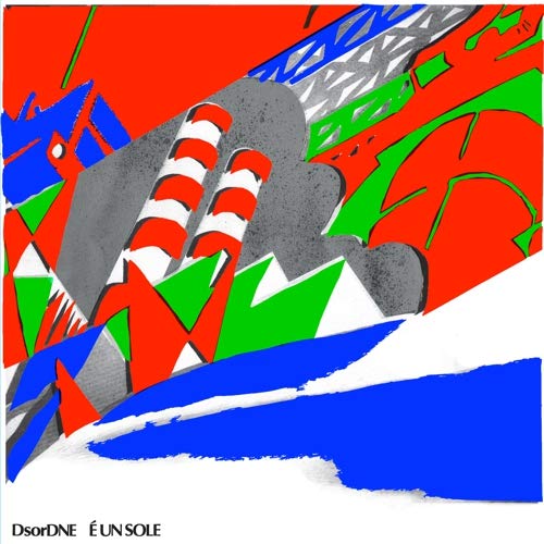 Abstract album cover with red, blue, green, and grey geometric shapes.