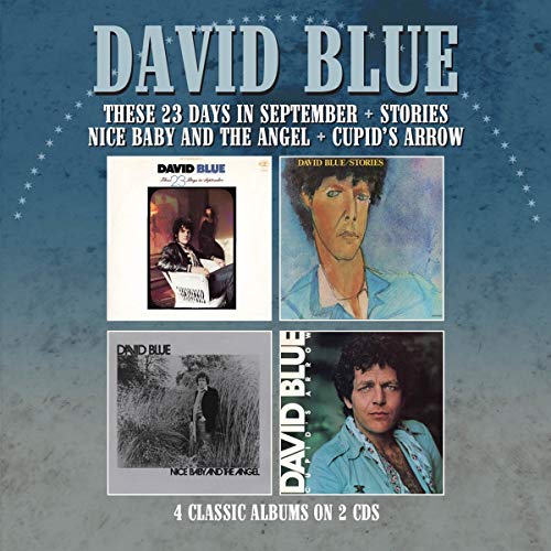 The image depicts a CD cover for David Blue's music, featuring a blue and grey background. #### Key Visual Characteristics: * Four album covers with David Blue's image * Album titles and artist name displayed prominently * Text indicating "4 Classic Albums on 2 CDs" #### Alt Text: "David Blue CD cover featuring four album covers and artist name on blue background."