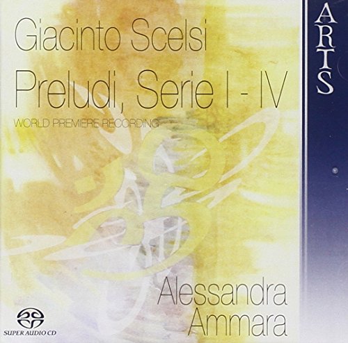 "CD cover with abstract yellow and white design, featuring Giacinto Scelsi's Preludes, Series I-IV."