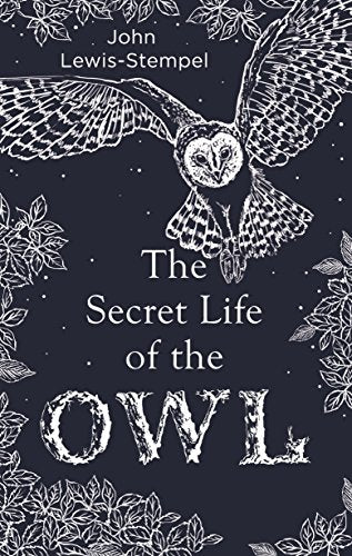 "Book cover with dark blue background, white owl illustration, and white leaf border."