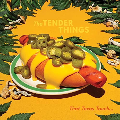 Album cover: hot dog with jalapeños and cheese on yellow background.