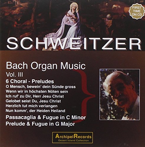 CD cover for Albert Schweitzer playing Bach organ music, portrait included.