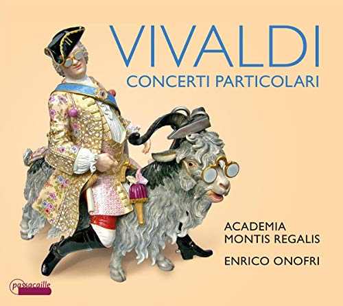 "CD cover featuring a man riding a llama figurine, peach background, Vivaldi text."