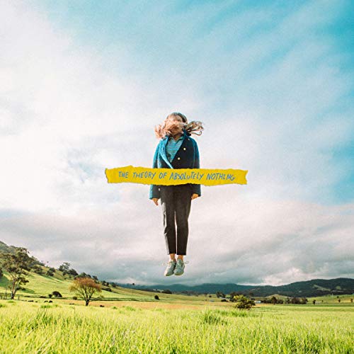 "Album cover featuring a person jumping in a green field with a cloudy sky."