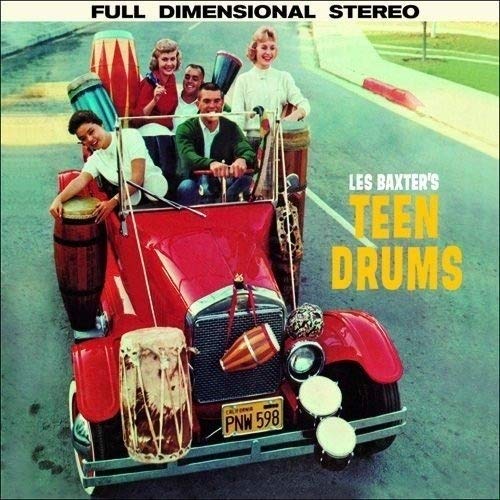 "Album cover featuring a red car with people and drums, 'Teen Drums' title."