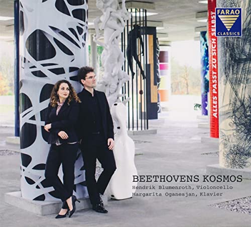 Couple posing near abstract sculptures, album cover for Beethoven's Cosmos CD.