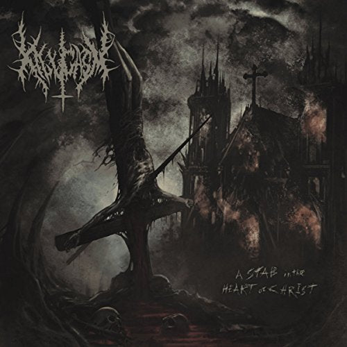 Dark album cover with crucified figure and burning church in the background.