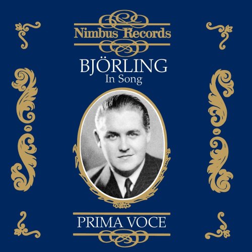 "CD cover with black and white portrait of Jussi Björling on navy background with gold accents."