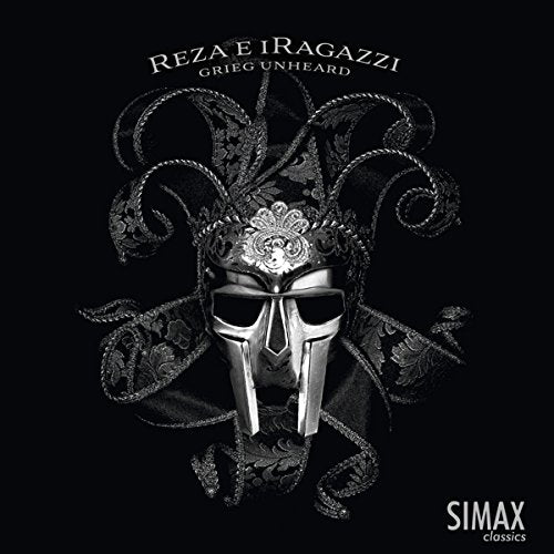 "Silver plague doctor mask on black background with ornate headdress and white text."