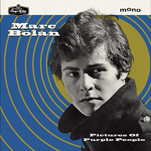 Marc Bolan album cover, swirling blue and yellow background, portrait.