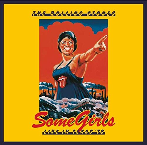 "Album cover with cartoon woman in blue dress, pointing, on yellow background."
