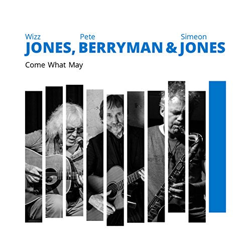 "Album cover with three musicians playing instruments, black and white photos on white background."
