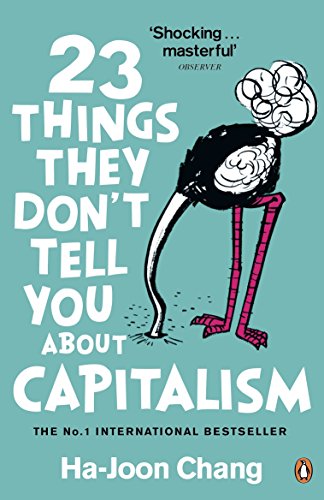 "Book cover with ostrich illustration and title '23 Things They Don't Tell You About Capitalism'."