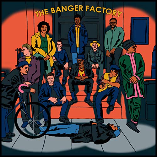 "Album cover art: cartoon illustration of men gathered around a fallen man."