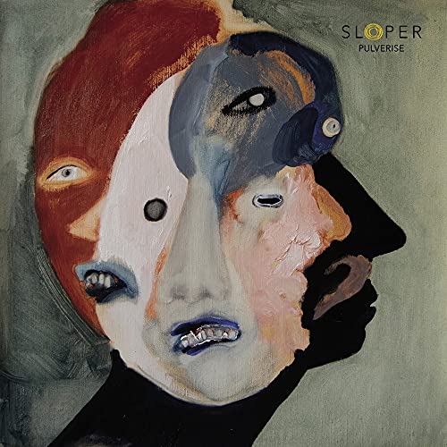 Abstract painting of a distorted face with multiple eyes and mouths on a canvas.