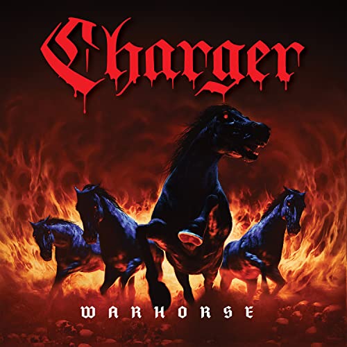 Black horses rearing against a fiery, dark red and orange background.