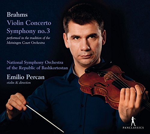 Man holding a violin and baton, dark background, text describing Brahms' music performance.