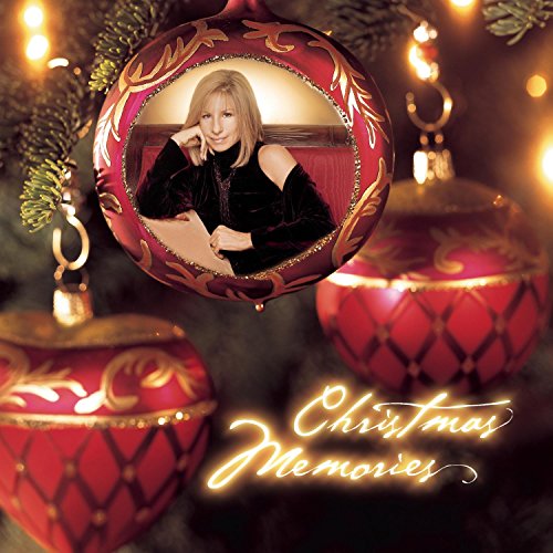 Barbra Streisand album cover, red ornaments, and festive script text.